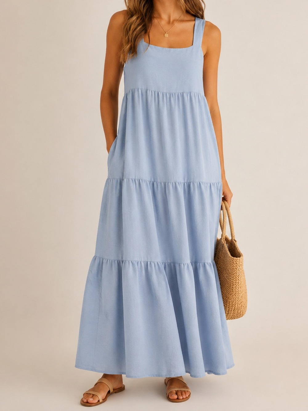Black Bow Light Blue Tiered Maxi Dress Sleeveless Flowy Cottagecore Size Large